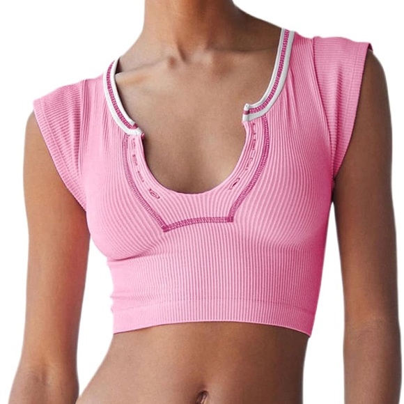 Y2K Pink Ribbed Henley Crop Top - Sporty Baby Tee (Size S) - Picture 1 of 3